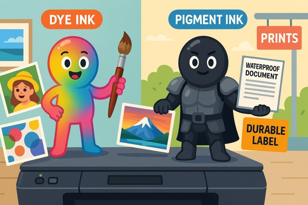 Ilustrasi perbandingan tinta dye dan tinta pigment dari G&G Indonesia: tinta dye digambarkan sebagai pelukis warna-warni untuk foto, tinta pigment sebagai penjaga dokumen tahan lama. Cocok untuk memilih tinta printer sesuai kebutuhan