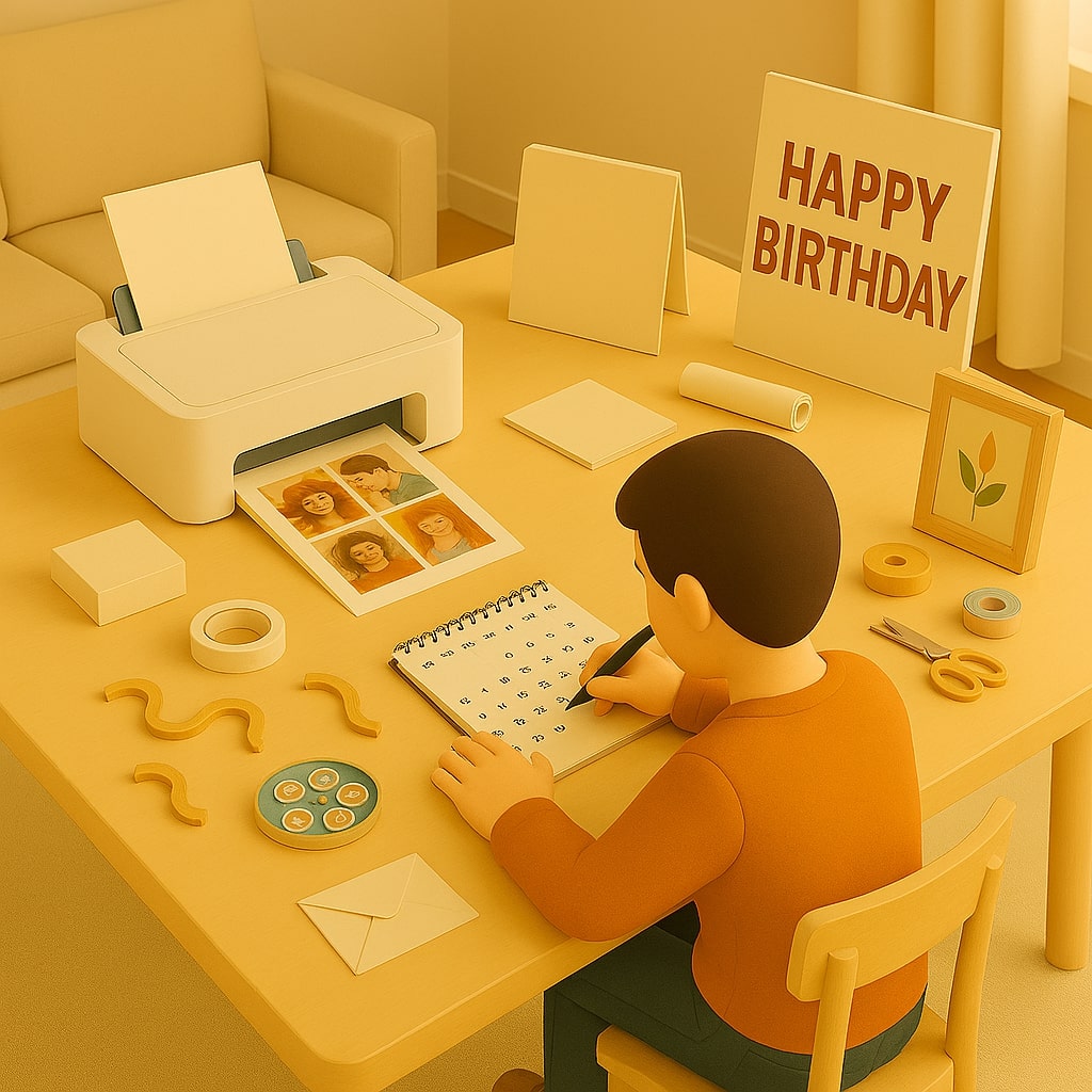 Meja kerja 3D isometric dengan printer mencetak kolase foto, kartu ucapan, kalender mini, dan poster quote