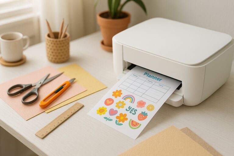 Printer rumahan mencetak planner dan stiker, perlengkapan cetak tertata di meja kerja rumah.