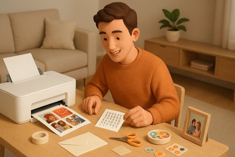 Meja kerja 3D isometric dengan printer mencetak kolase foto, kartu ucapan, kalender mini, dan poster quote