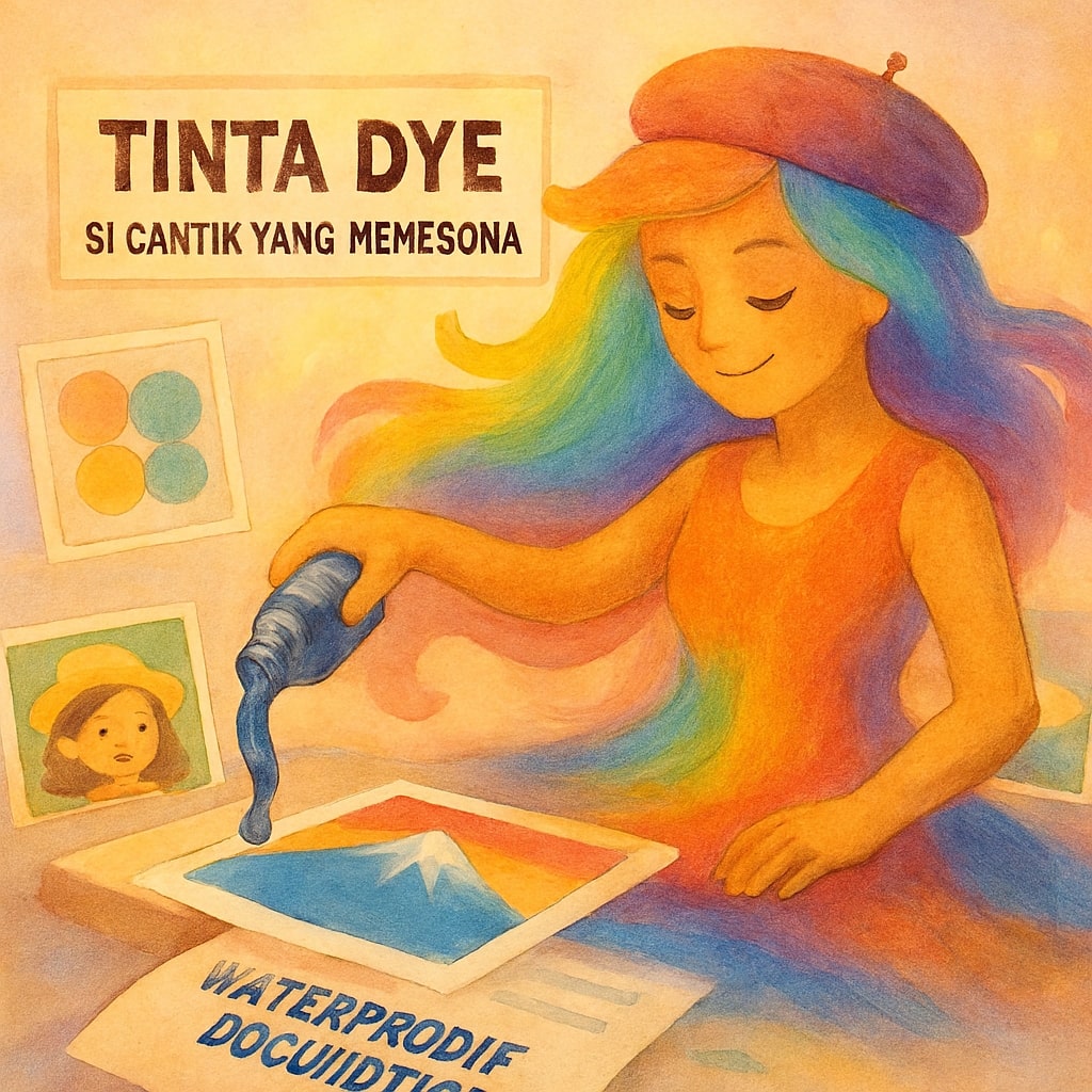 Ilustrasi tinta dye sebagai seniman berwarna-warni menciptakan cetakan foto dengan warna vivid dan gradasi halus. Mewakili keunggulan tinta dye dalam mencetak gambar dan seni berkualitas tinggi.