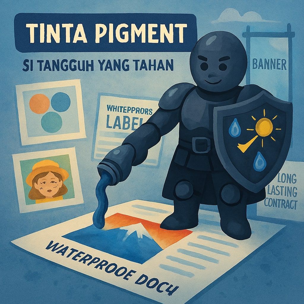 Ilustrasi tinta pigment sebagai penjaga kokoh yang melindungi dokumen dari air, sinar UV, dan kerusakan waktu. Menunjukkan ketahanan tinta pigment untuk dokumen penting dan cetakan jangka panjang