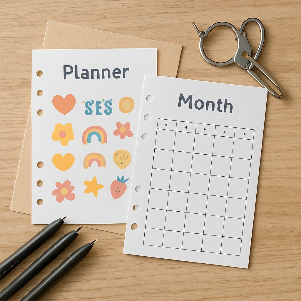 Planner bulanan custom dengan stiker tematik dan alat binding di meja kerja.