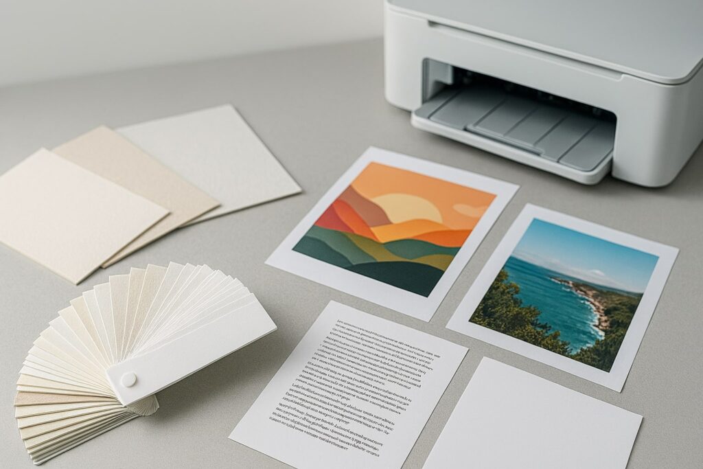 Sampel jenis kertas print dengan printer dan contoh hasil cetak warna tajam di meja kerja minimalis.