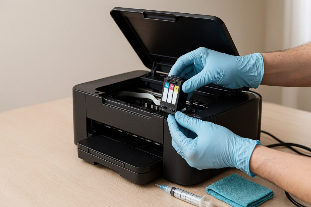 Orang mengganti cartridge pada printer inkjet di meja kerja
