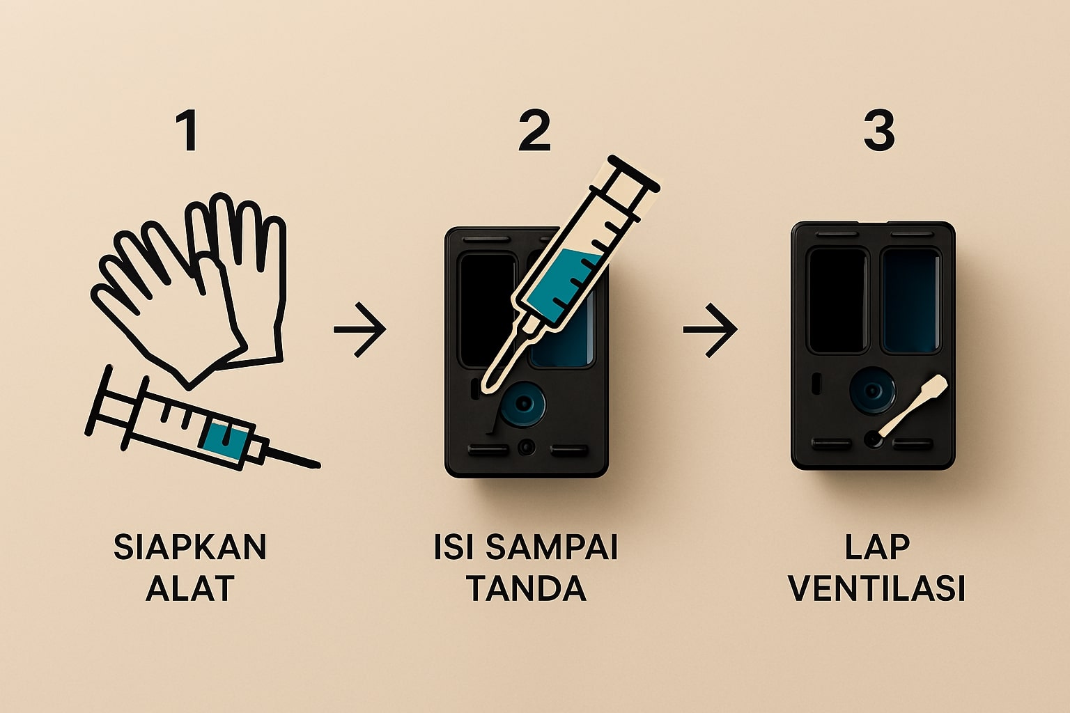 Infografik tiga langkah isi ulang cartridge, dari persiapan hingga pembersihan ventilasi