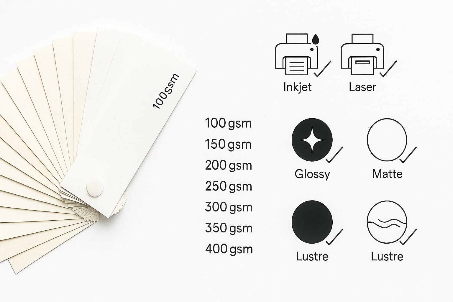 Panduan memilih kertas print menampilkan swatch gramatur dan ikon tipe printer