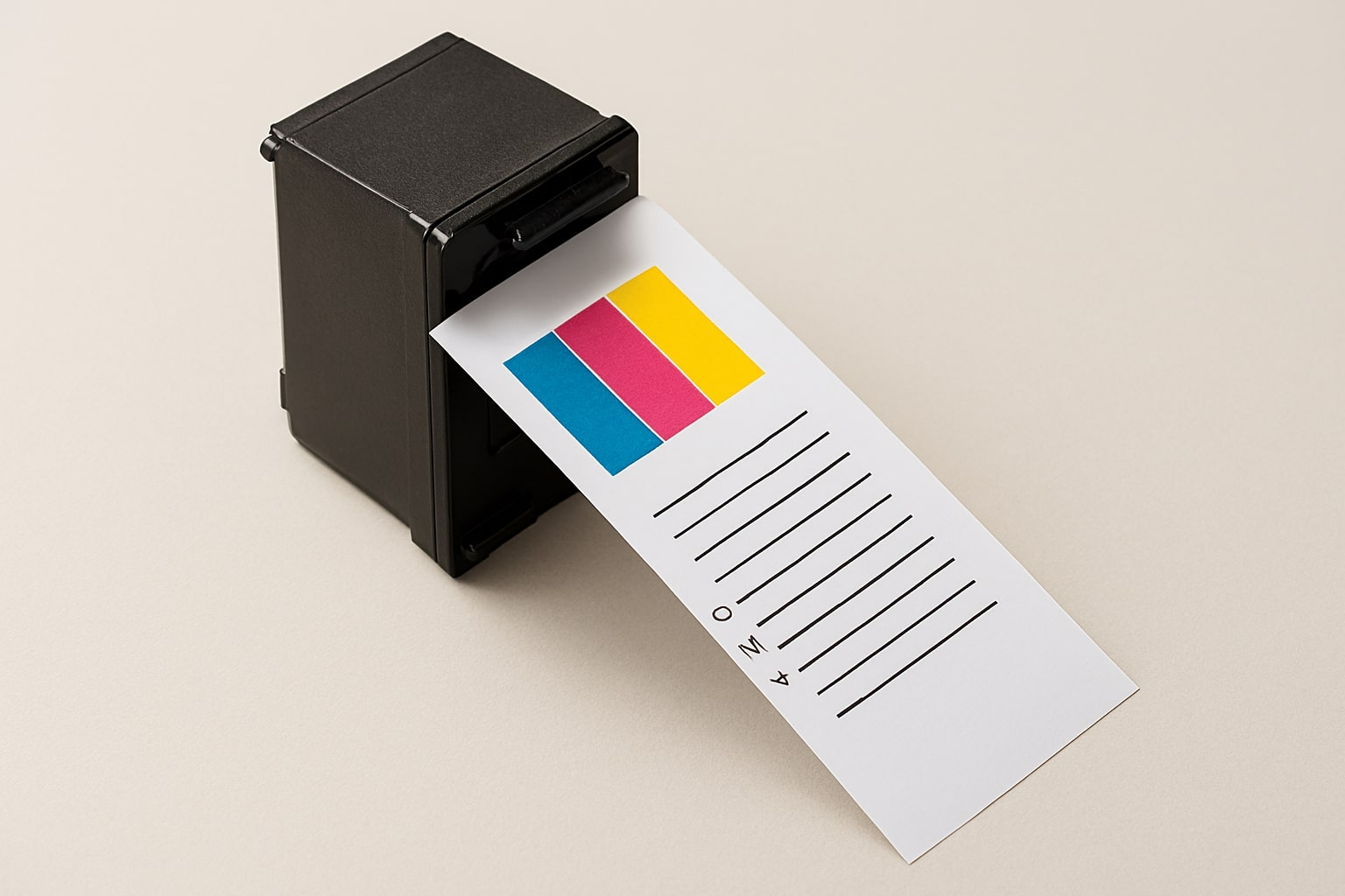 Cartridge terawat yang mencetak halaman uji dengan warna solid dan garis tajam