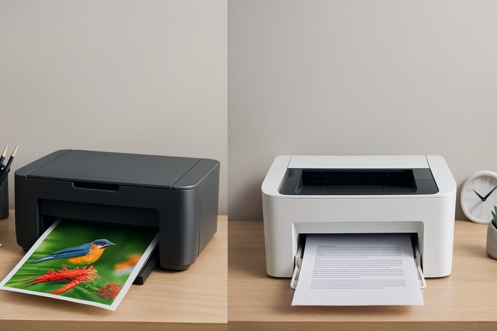 Perbandingan visual printer inkjet dan laser di meja kerja, inkjet mencetak foto berwarna dan laser mencetak dokumen teks tajam.