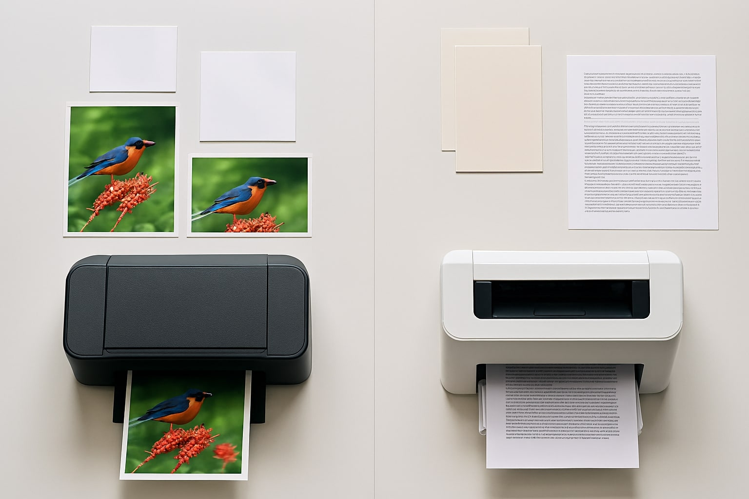 Ringkasan visual perbedaan inkjet dan laser: contoh cetak foto warna vs dokumen teks pada permukaan meja putih.