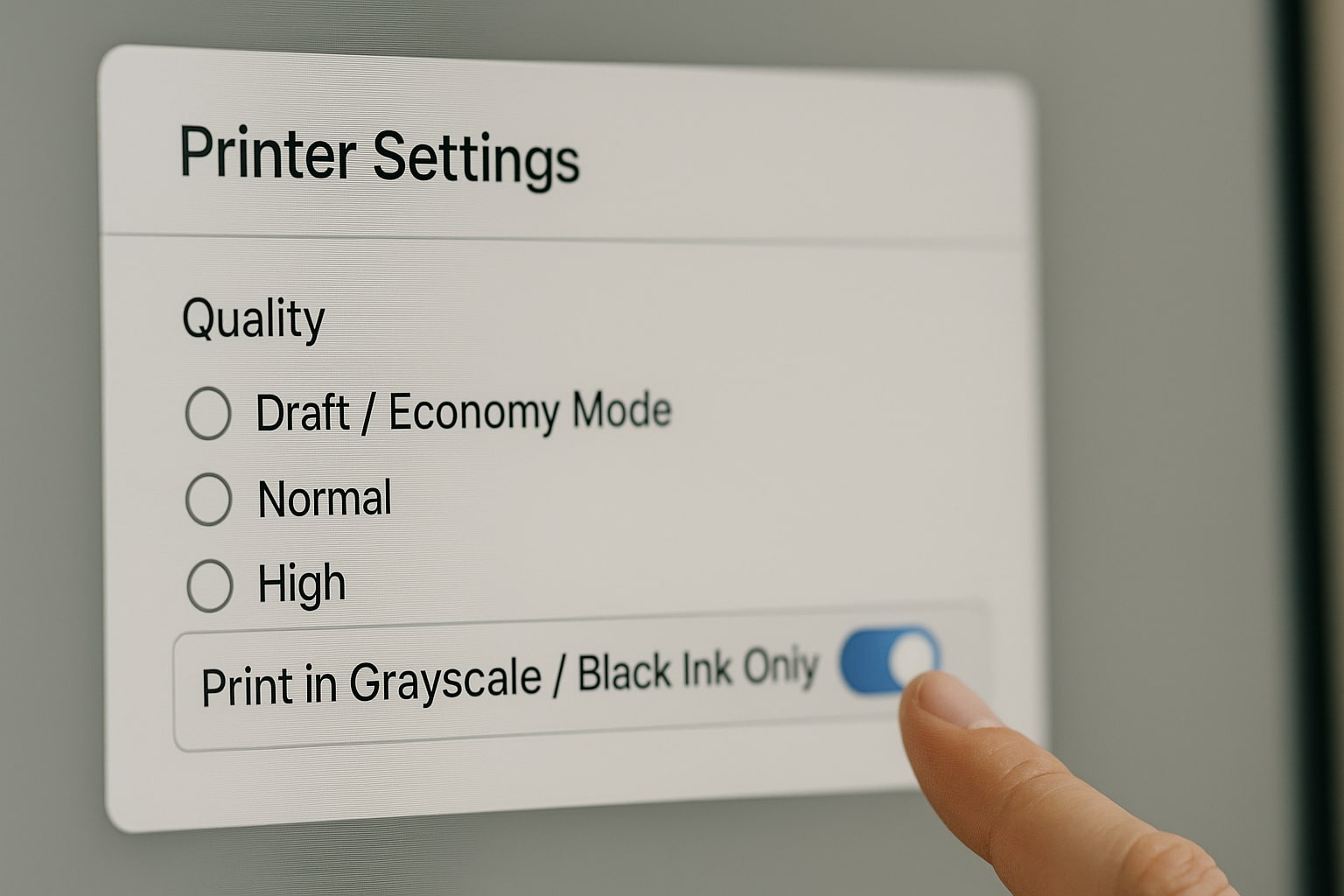 Layar pengaturan printer menyorot opsi Draft/Economy Mode dan Print in Grayscale, tanpa logo merek