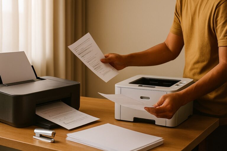 Perbandingan printer inkjet dan laser di meja kerja rumah, orang tua mencetak dokumen sekolah