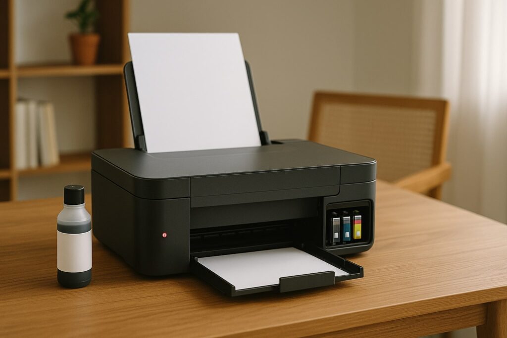 Printer inkjet di meja kerja dengan cartridge dan botol tinta, indikator tinta menipis, tanpa logo merek