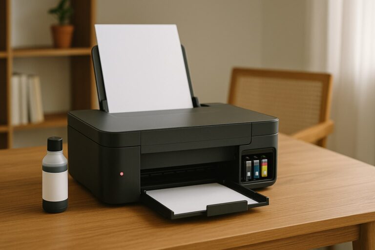 Printer inkjet di meja kerja dengan cartridge dan botol tinta, indikator tinta menipis, tanpa logo merek