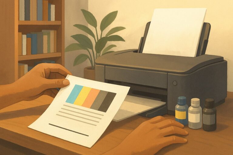 Ilustrasi orang sedang mengambil hasil test print untuk merawat printer inkjet yang jarang dipakai di meja kerja rumah.