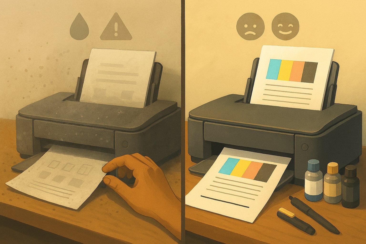 Tampilan meja kerja dengan printer inkjet, kertas checklist rutinitas mingguan dan bulanan, serta kalender untuk mengingat jadwal perawatan printer.