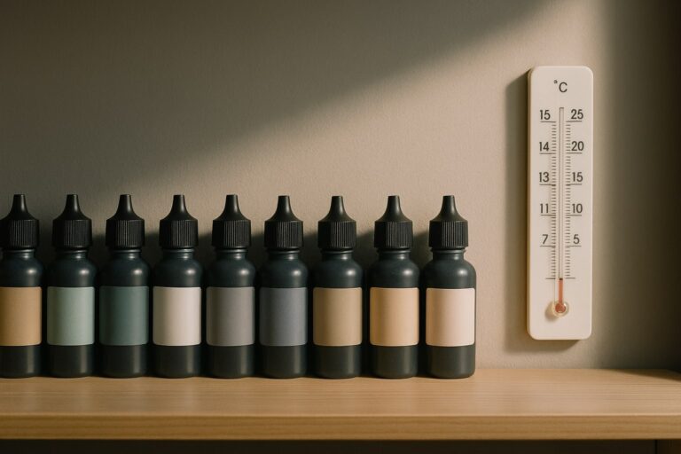 Rak penyimpanan tinta printer posisi tegak di ruangan teduh dengan suhu 15–25°C