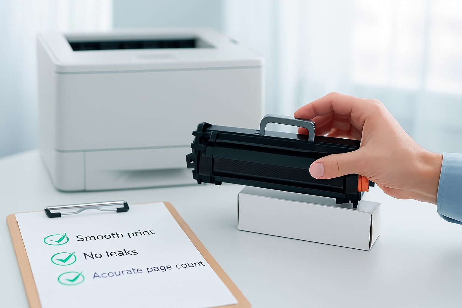 Perbandingan toner compatible aman dengan ikon hijau dan toner berkualitas rendah dengan ikon peringatan merah di samping printer kantor