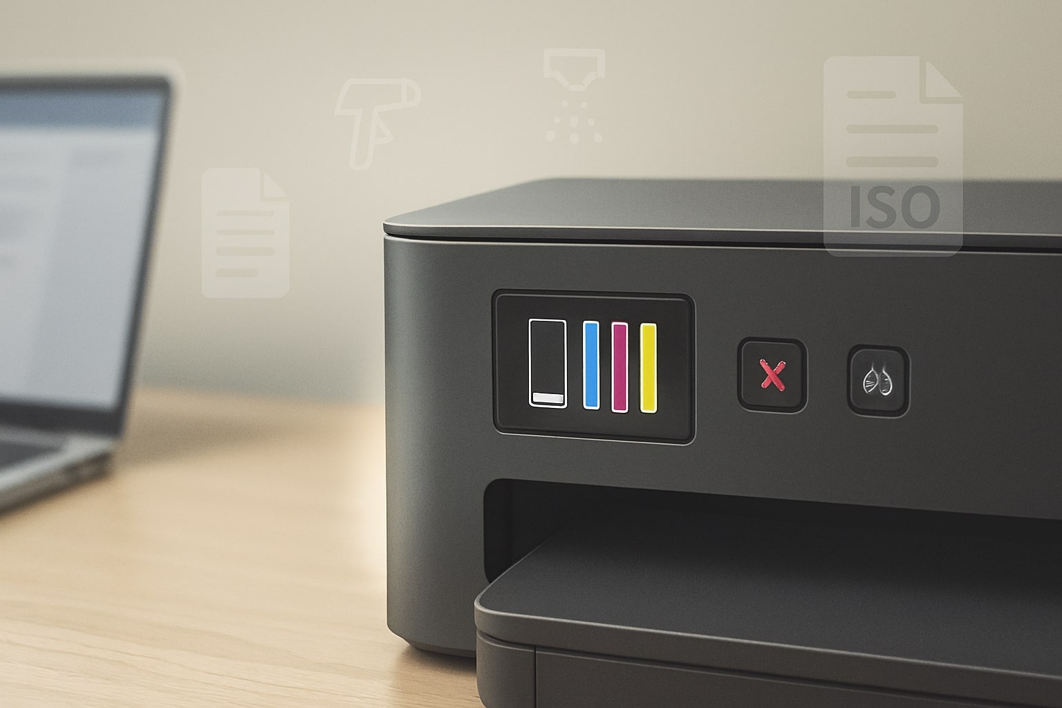 Ilustrasi empat kartrid printer dengan kartrid hitam tampak lebih cepat berkurang dibanding kartrid warna, menggambarkan fakta penggunaan tinta hitam yang lebih besar dalam cetak harian