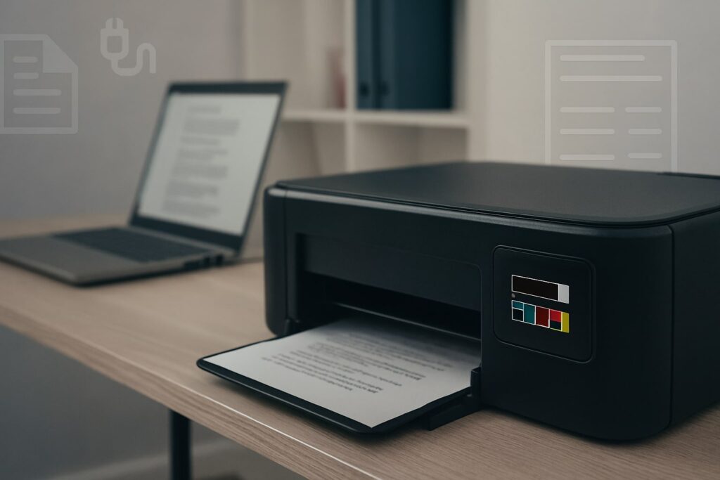 Ilustrasi printer di meja kerja yang menunjukkan level tinta hitam hampir habis sementara tinta warna masih penuh, menggambarkan fakta tinta hitam lebih cepat habis pada penggunaan harian