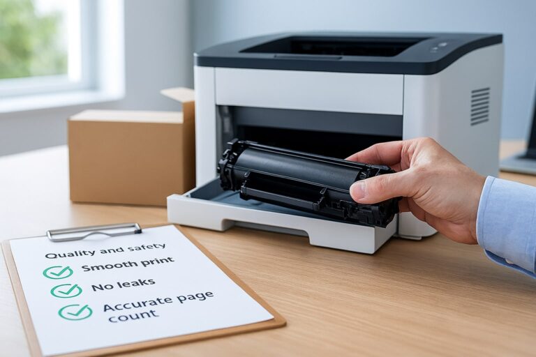 Ilustrasi toner compatible aman untuk printer, tangan memegang cartridge di depan printer kantor dengan checklist ciri toner berkualitas