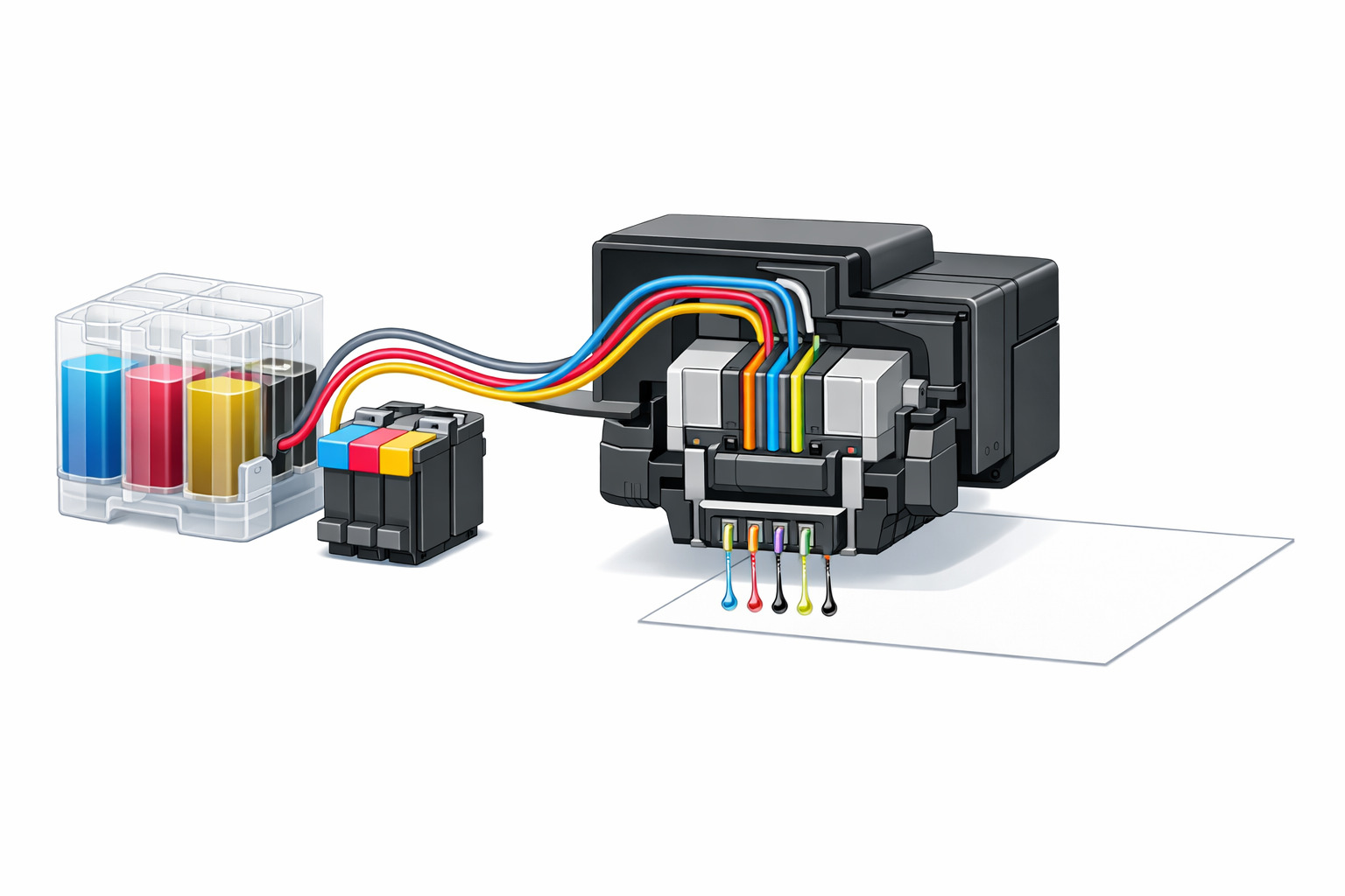 Diagram alur sistem tinta printer inkjet dari kartrid ke printhead hingga nozzle menyemprot ke kertas