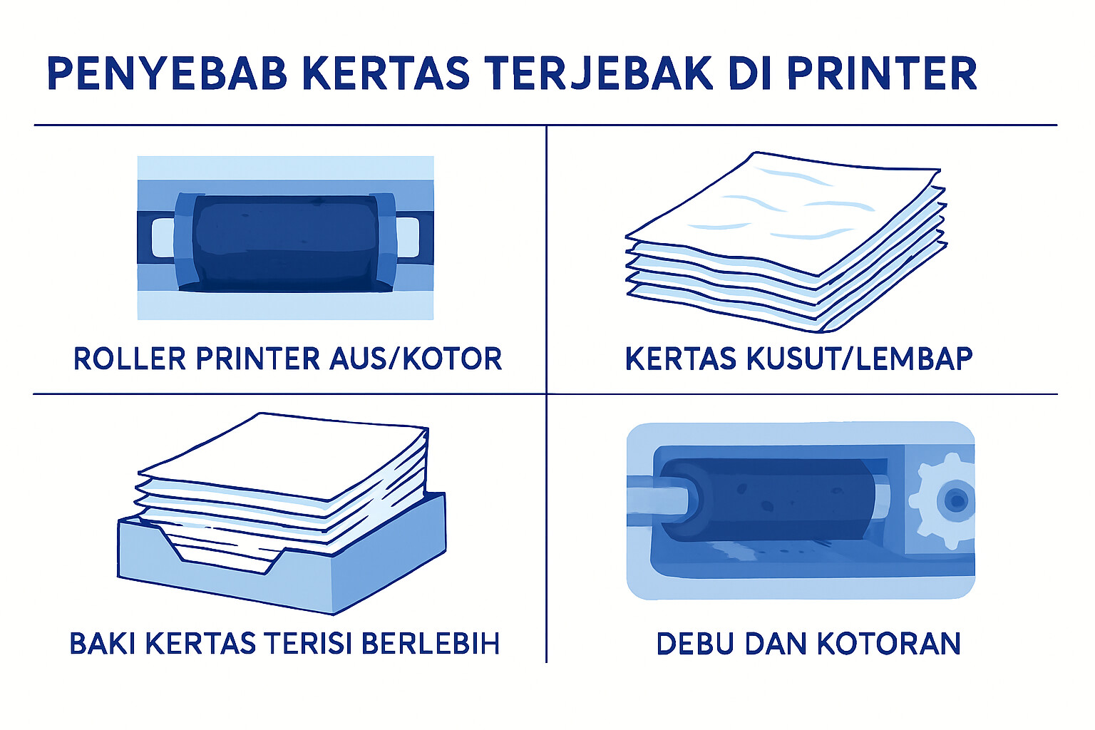 Ilustrasi penyebab printer macet menampilkan roller printer yang kotor dan aus, kertas yang tidak sesuai spesifikasi, dan komponen printer yang bermasalah