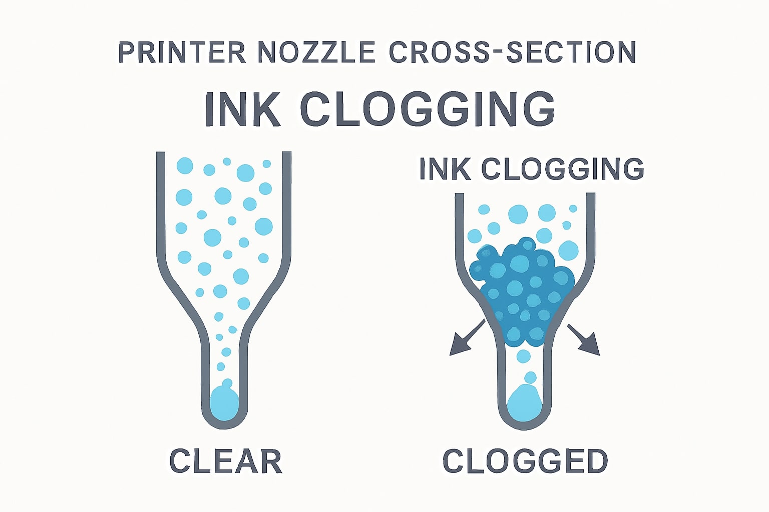 Ilustrasi proses penggumpalan tinta yang menyumbat nozzle printhead printer