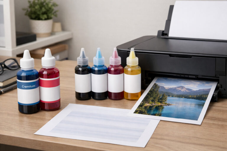Ilustrasi printer inkjet dengan perbandingan tinta murah dan tinta berkualitas serta hasil cetak bergaris