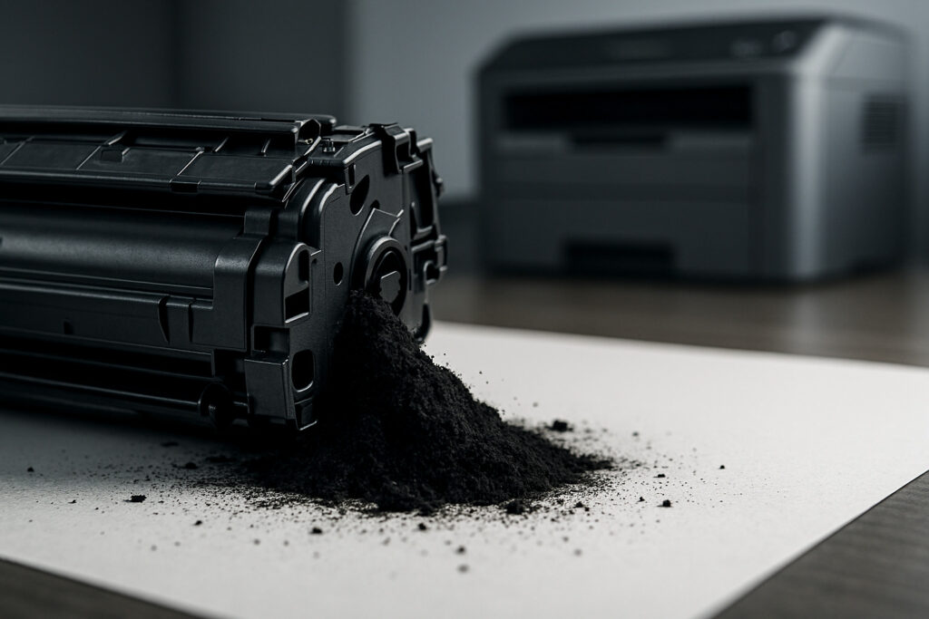 Toner cartridge printer laser yang bocor dengan serbuk toner bertebaran menunjukkan tanda-tanda kerusakan pada komponen printer