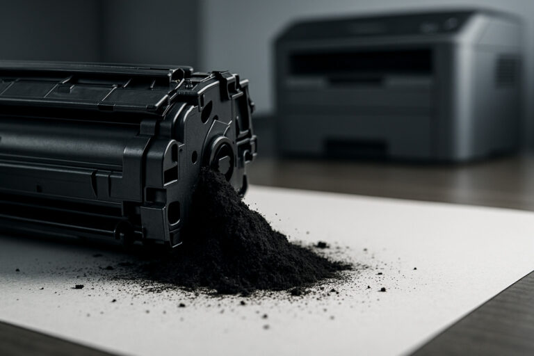 Toner cartridge printer laser yang bocor dengan serbuk toner bertebaran menunjukkan tanda-tanda kerusakan pada komponen printer