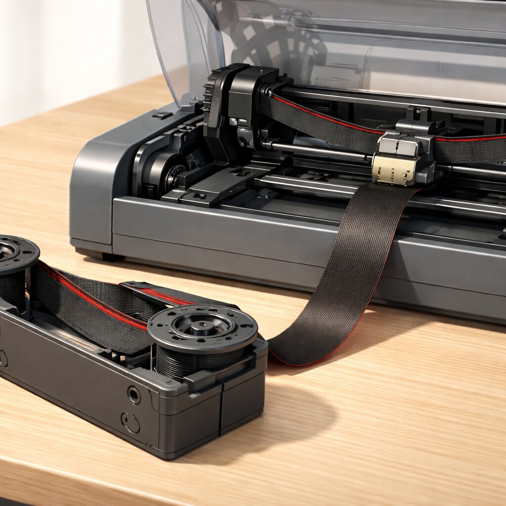 Close-up ribbon cartridge dan pita tinta pada printer ribbon dot matrix, menjelaskan komponen pita tinta untuk proses cetak