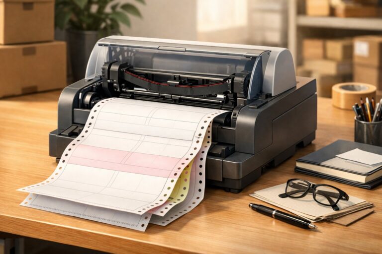 Ilustrasi printer dot matrix dengan ribbon cartridge untuk cetak dokumen rangkap seperti invoice dan surat jalan