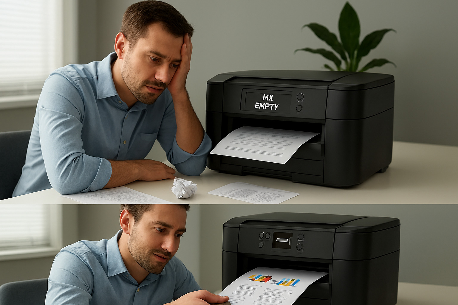Nozzle printer kering akibat tinta habis vs nozzle sehat dengan aliran tinta optimal