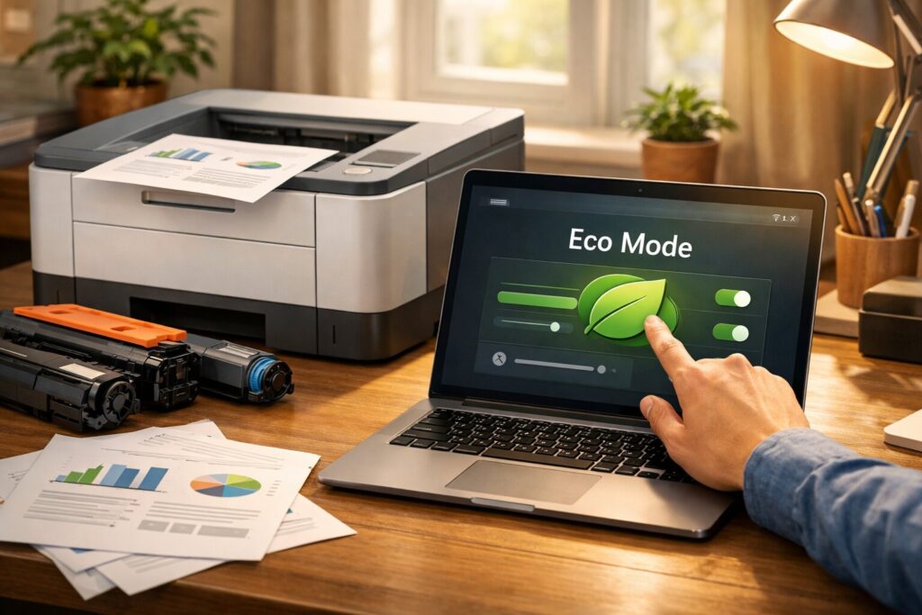 Toner cartridge cepat habis karena pengaturan cetak dan kebiasaan penggunaan, ilustrasi printer laser dengan eco mode
