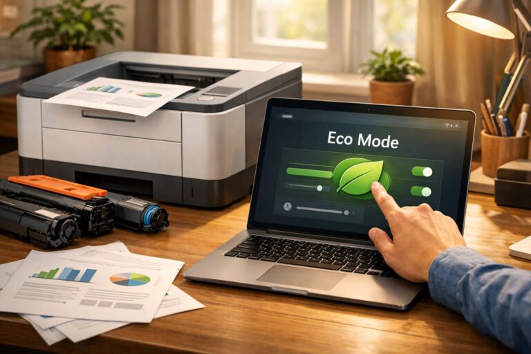 Toner cartridge cepat habis karena pengaturan cetak dan kebiasaan penggunaan, ilustrasi printer laser dengan eco mode
