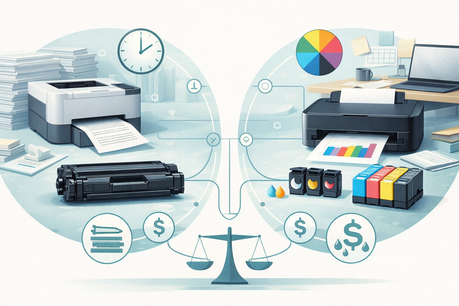 Ilustrasi dua skenario penggunaan printer, kantor untuk dokumen teks dengan toner dan rumah untuk warna dengan ink, menunjukkan pilihan cartridge tergantung kebutuhan.