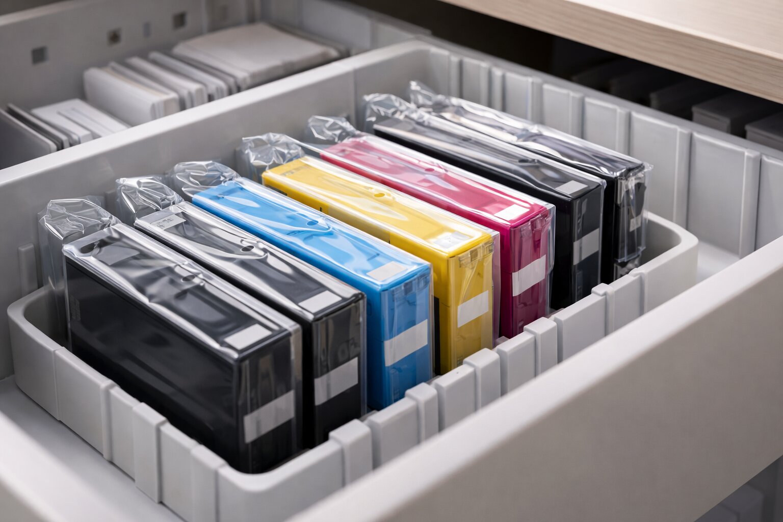 Ink cartridge tersimpan rapi agar tinta printer awet dan tidak cepat kering