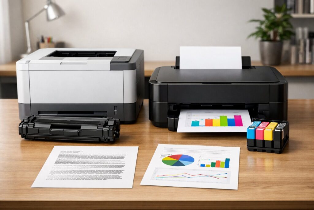 Perbandingan toner cartridge dan ink cartridge pada printer laser vs printer inkjet di meja kerja, menunjukkan dokumen teks dan grafik warna.