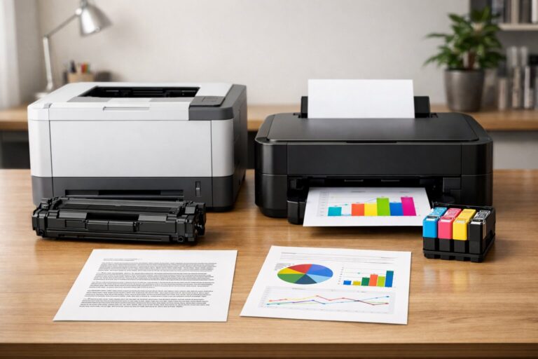 Perbandingan toner cartridge dan ink cartridge pada printer laser vs printer inkjet di meja kerja, menunjukkan dokumen teks dan grafik warna.