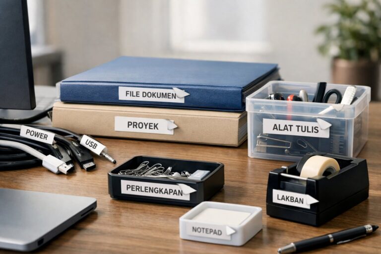 Label tape pada kabel dan dokumen di meja kerja, sebagian mulai terlepas