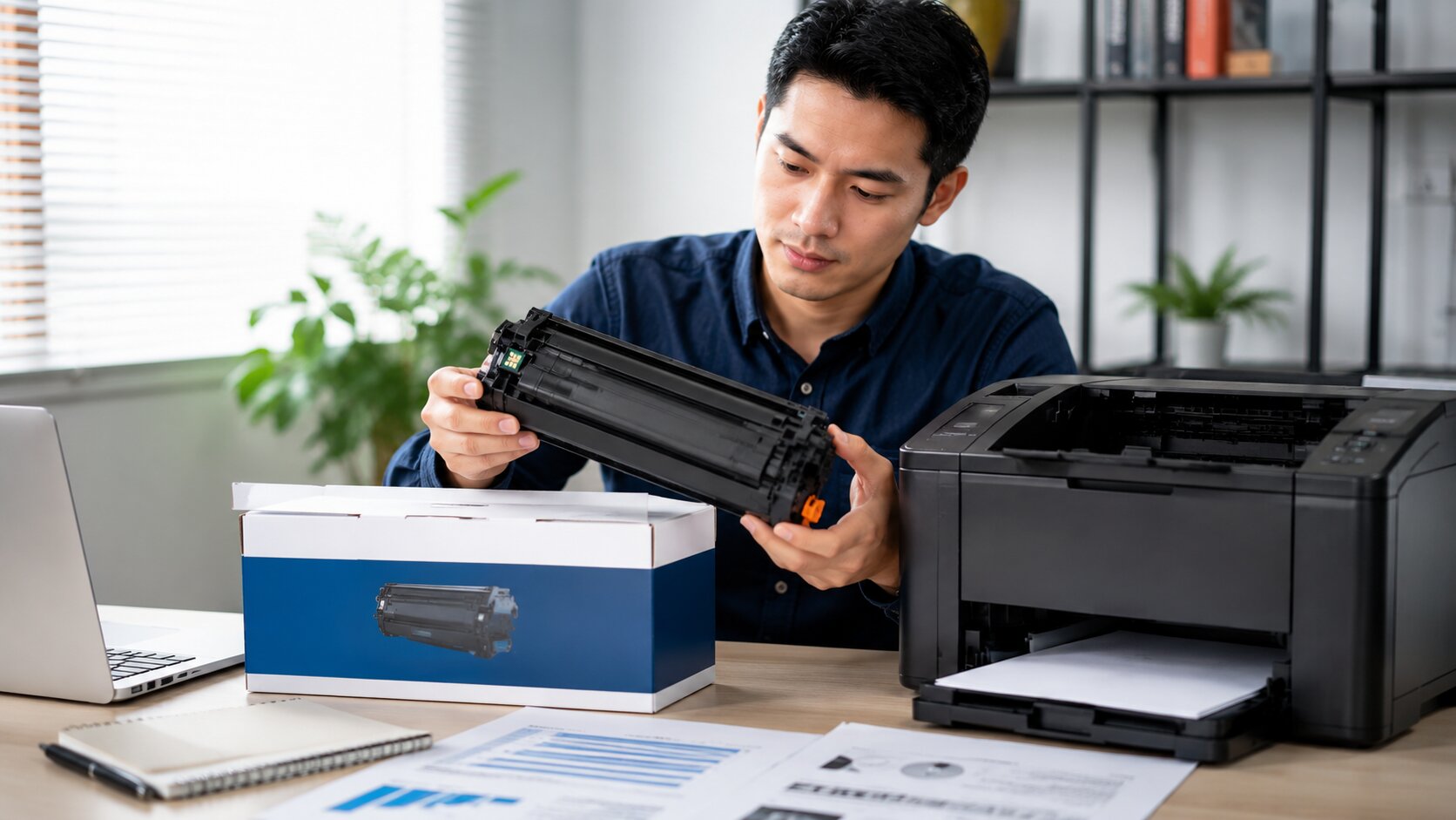 Cartridge toner kompatibel di samping printer laser untuk menjelaskan fungsi dan penggunaannyaCartridge toner kompatibel adalah cartridge pihak ketiga yang dirancang agar sesuai dengan tipe printer tertentu.
