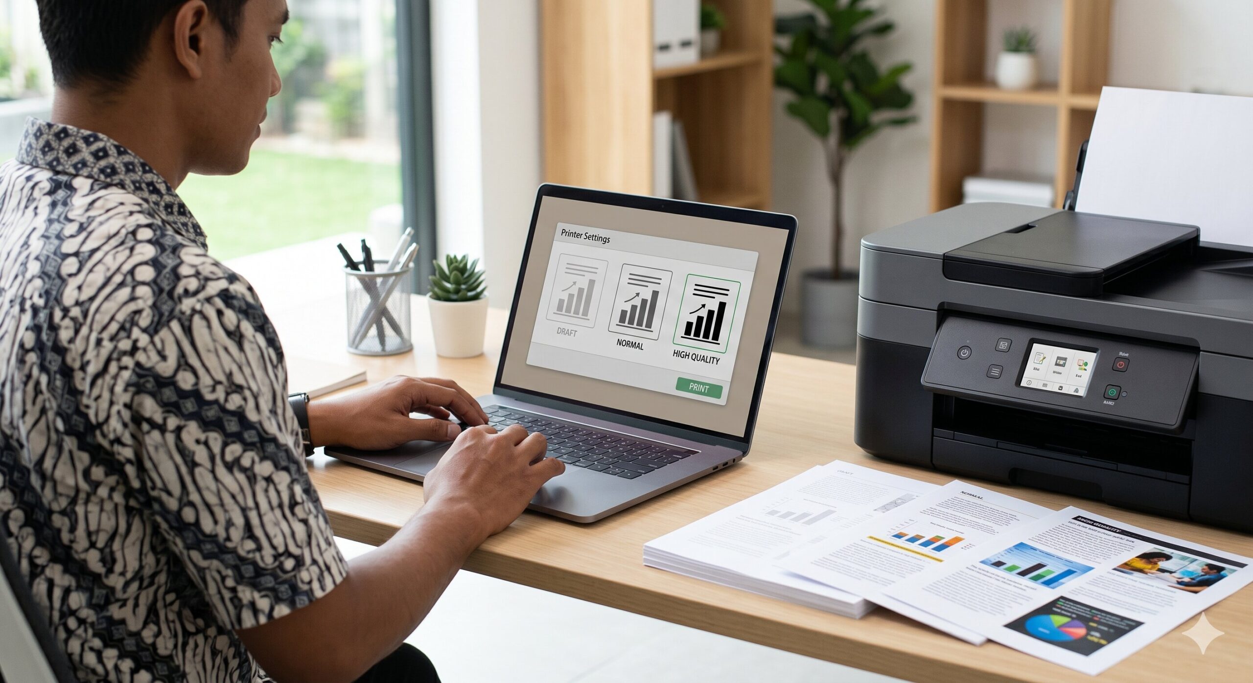 Pengaturan mode cetak pada printer untuk memilih hasil cetak draft normal atau high quality