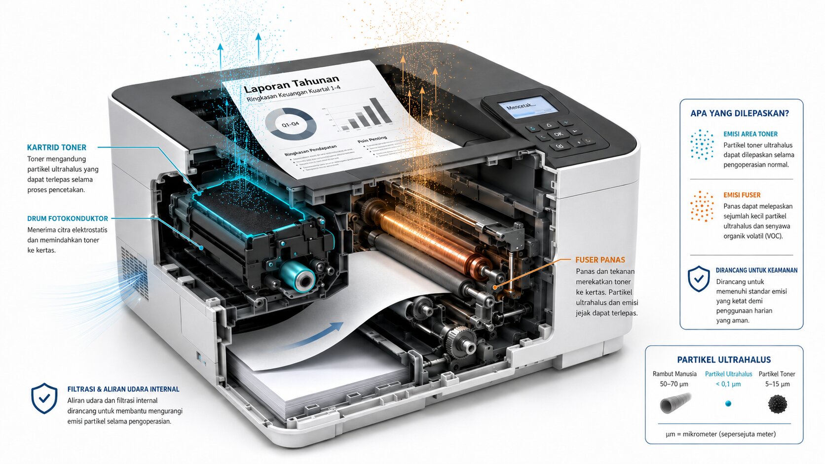 Proses printer laser mengeluarkan emisi partikel halus dari toner dan pemanas internal di dalam ruangan kantor.
