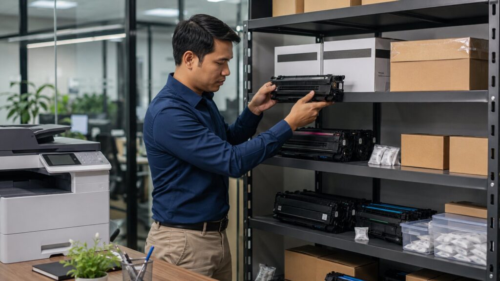 Pekerja kantor menyimpan cartridge toner cadangan di rak kering agar tidak menggumpal dan tetap awet