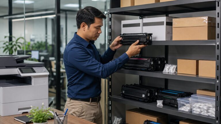 Pekerja kantor menyimpan cartridge toner cadangan di rak kering agar tidak menggumpal dan tetap awet