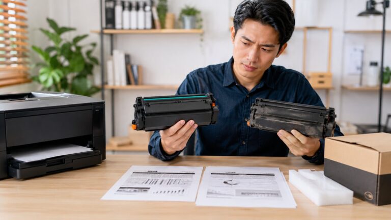 Perbandingan cartridge toner kompatibel premium dan toner daur ulang abal-abal di meja kerja dengan printer