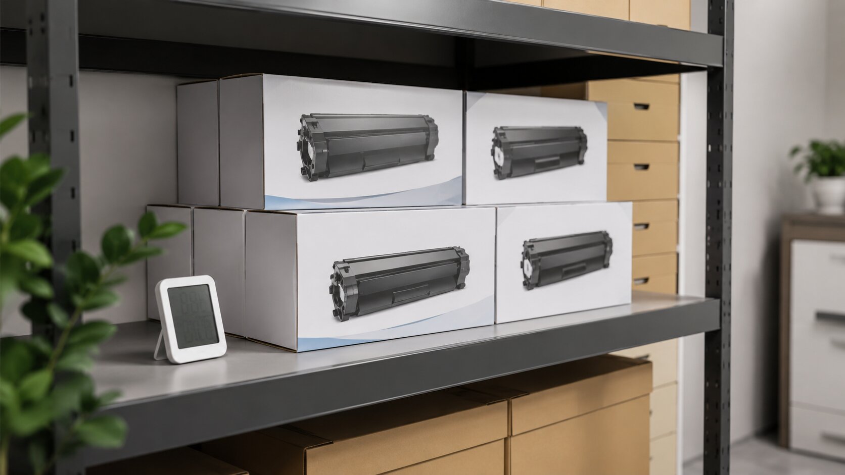 Cartridge toner disimpan di rak kantor dengan suhu stabil agar kualitas toner tetap terjagaTitle Image