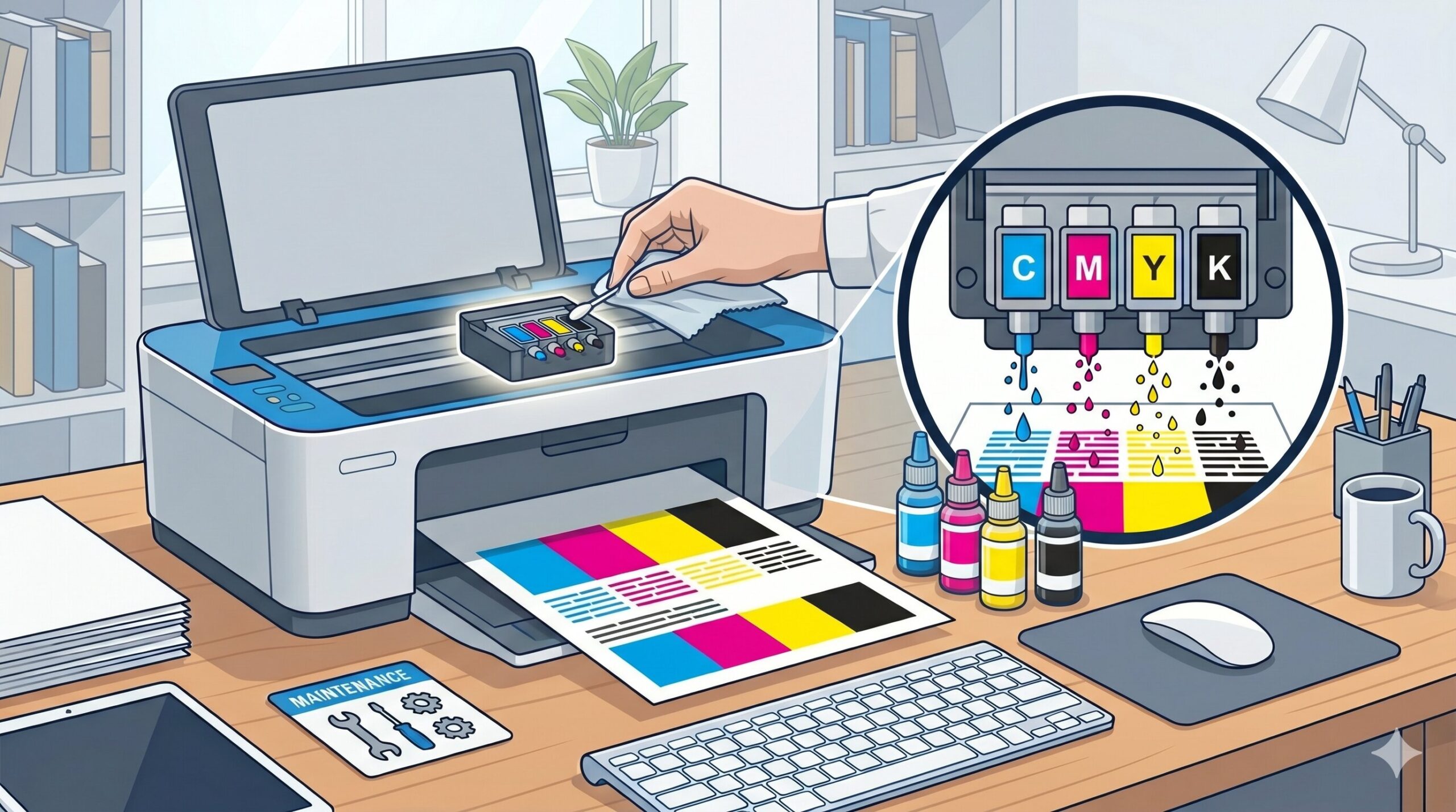 Ilustrasi cara merawat printhead printer inkjet agar hasil cetak tetap optimal