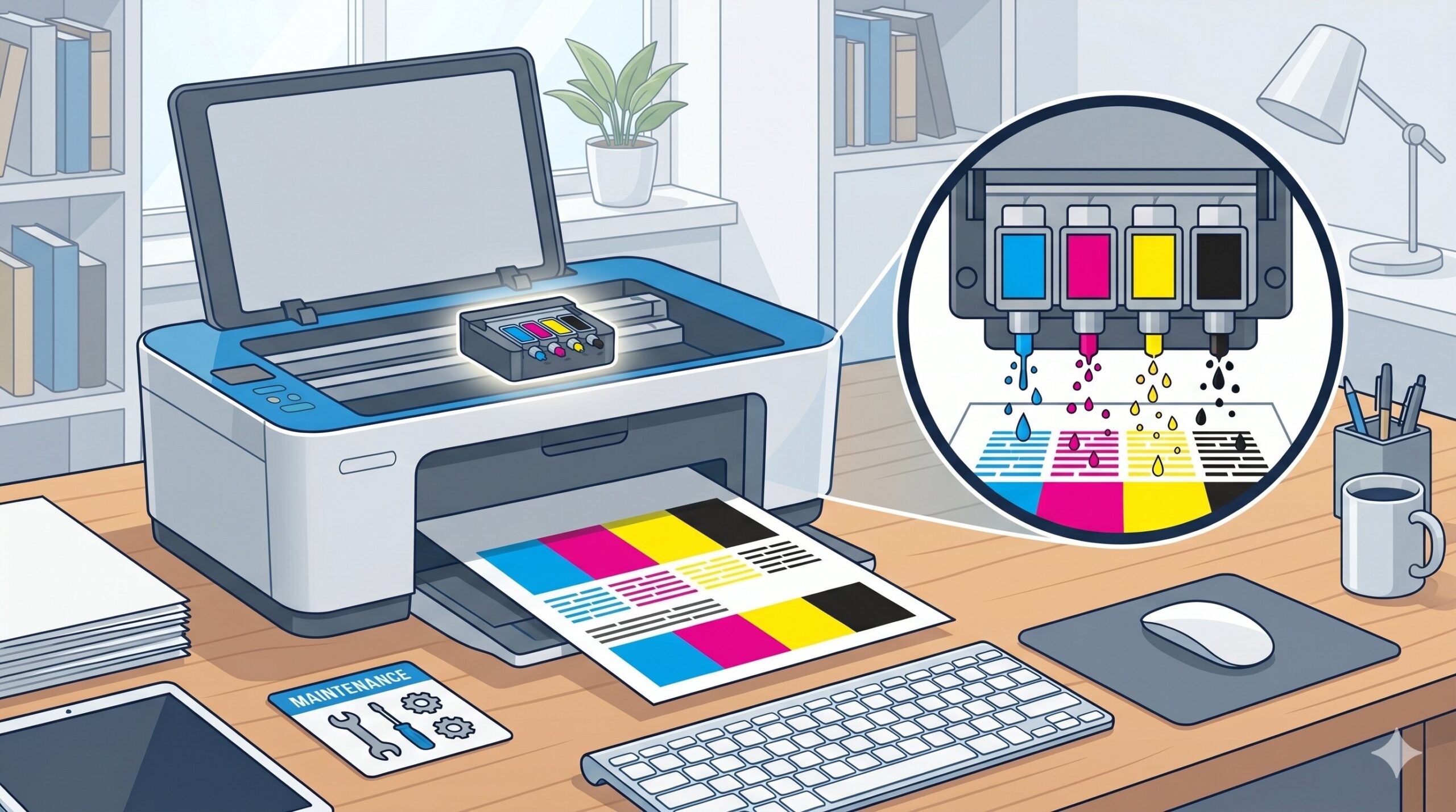 Ilustrasi fungsi printhead printer inkjet dalam menyalurkan tinta ke kertas
